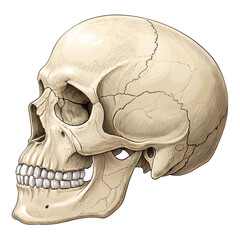Detailed illustration of human skull view isolated on white background, showing bone structure for medical