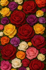Naklejka premium Vibrant Multicolored Roses Blooming in Full Frame Floral Pattern