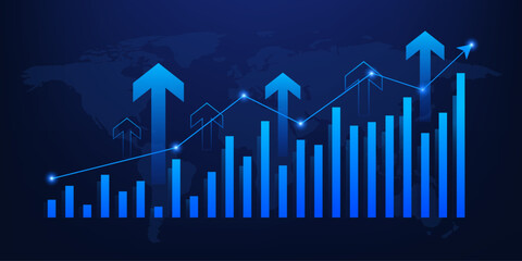 Business arrow up growth Investment technologies, finance and investment profit growth on map technology. Trading stock increase on blue background. Fantastic hi-tech design. Vector illustration