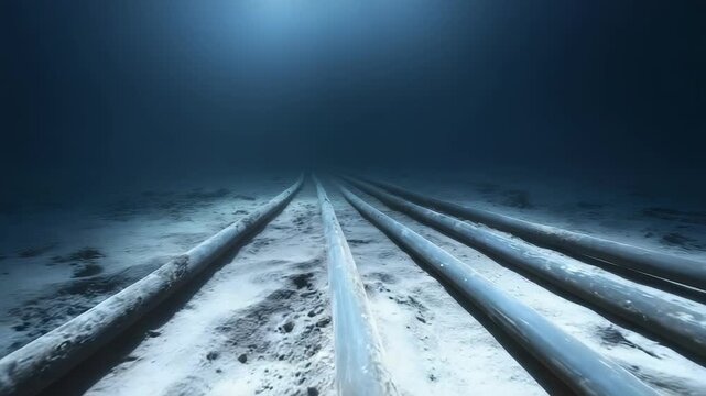 Underwater view of parallel pipelines on the ocean floor, fading into darkness with blue light.