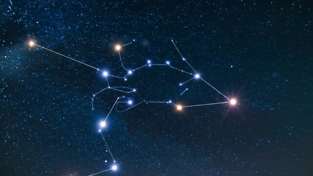 A constellation of stars in space connected by lines, with a cloudy presence