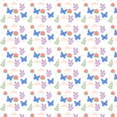 Seamless pastel spring pattern featuring blue butterflies, green leaves, purple branches, peach flowers, and soft clouds, creating a cheerful and gentle nature-inspired design.