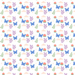  Seamless pastel spring pattern featuring blue butterflies, green leaves, purple branches, peach flowers, and soft clouds, creating a cheerful and gentle nature-inspired design.