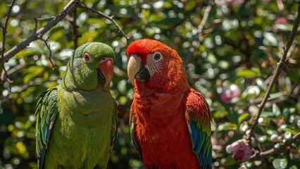 Obraz premium Green parrot and red parrot