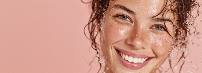 Beautiful Smiling Woman with Drops of Water Around Her Face on Pink Background Banner