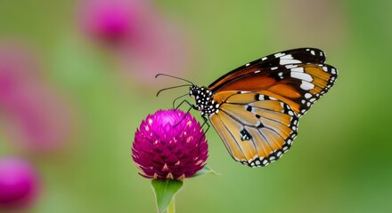 Fototapeta premium Beautiful Butterfly on Pink Flower in Nature