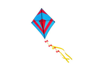 Isolated red and blue diamond shaped kite with yellow ribbons, ready to fly outdoors