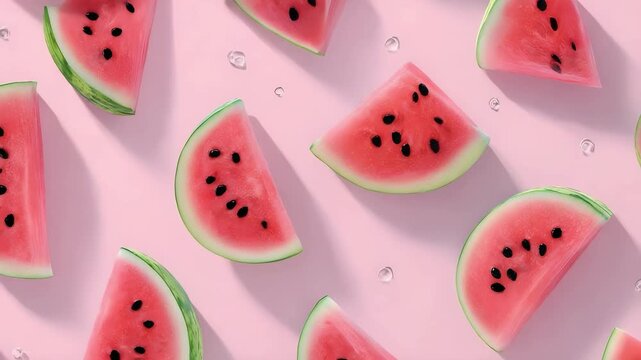 Watermelon slices scattered on a pink surface.