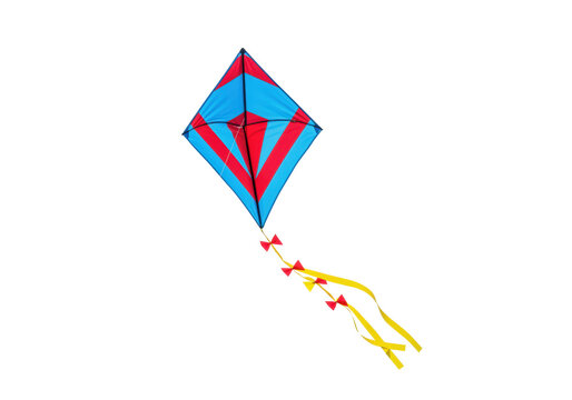 Isolated red and blue diamond shaped kite with yellow ribbons, ready to fly outdoors
