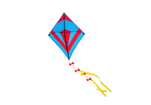 Isolated red and blue diamond shaped kite with yellow ribbons, ready to fly outdoors