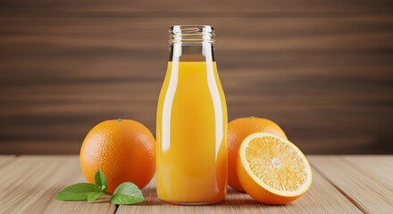 Freshly squeezed orange juice in a glass bottle with ripe oranges on a rustic wooden table.