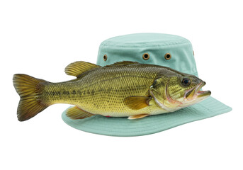 Isolated largemouth bass lying on a light green bucket hat in a commercial studio shot