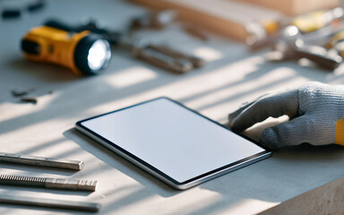 Craftsman using a tablet with a blank screen for a DIY project in a workshop.