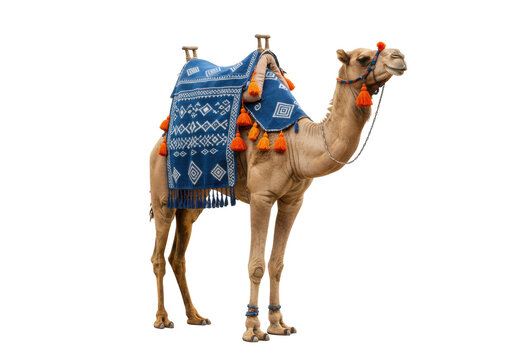 Isolated Dromedary camel with colorful saddle, Middle Eastern desert transport mammal