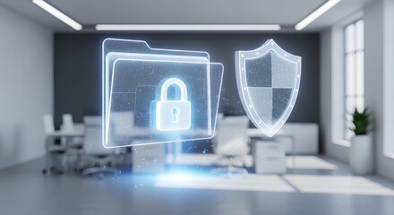 Holographic folder with padlock and shield icons floating in a modern office, symbolizing data security and protection.