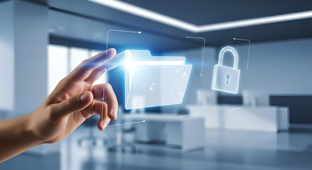 A hand interacts with a holographic interface displaying a file folder and padlock, symbolizing data security and digital protection in a modern office environment.