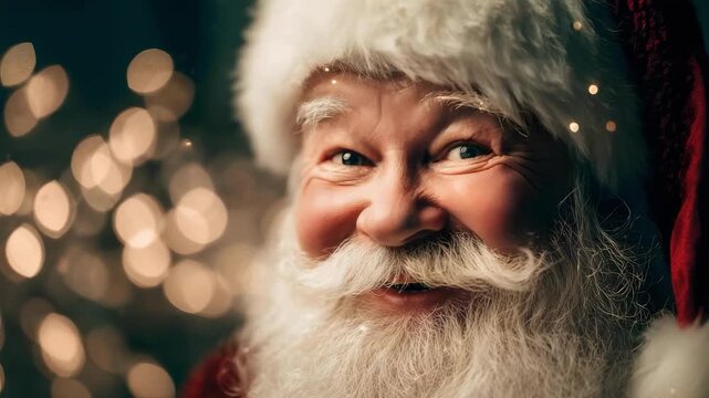 Close-up of jolly Santa Claus with a fluffy white beard and hat, warm twinkling holiday lights in the background.