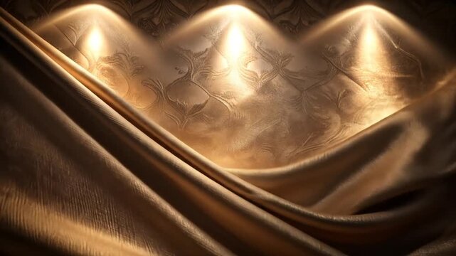 Golden, layered fabric with a textured background. Lighting creates highlights and shadows, showcasing the details