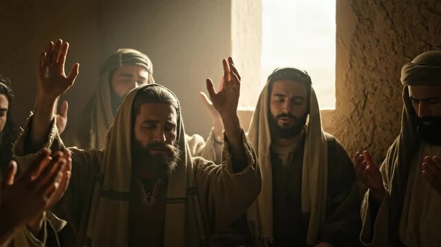 Men with hands raised in prayer, worshipping in biblical time. Group of disciples in deep devotion, religious scene, footage.