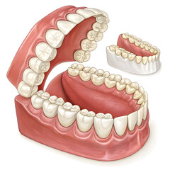 Detailed illustration of human teeth with full upper and lower jaw, isolated on white background, for medical