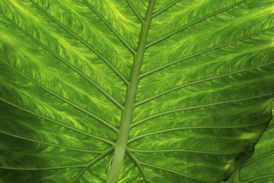 Detailed green leaf with pronounced veins and lively structure, Princess of Wales Conservatory, Royal Botanic Gardens (Kew Gardens), UNESCO World Heritage Site, Kew, Greater London, England, United Kingdom