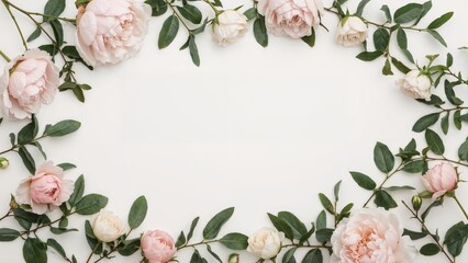 Naklejka premium Beautiful light gentle floral arrangement with pink and white flowers and green leaves, flat lay, copy space, top view