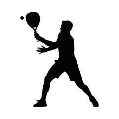 Vector silhouette image of a man playing padel tennis on a white background.