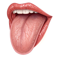Detailed illustration of human tongue isolated on white background, showing muscular structure and surface anatomy for medical
