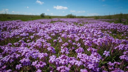 Purple, pink carpet of Phlox Subulata (creeping phlox, moss phlox, moss pink, or mountain phlox) flowers.
