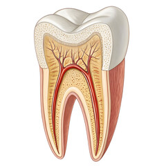 Detailed illustration of a single human molar tooth isolated on white background, showing structure for dental, medical