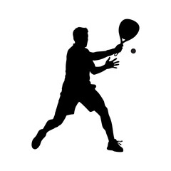 Vector silhouette image of a man playing padel tennis on a white background.