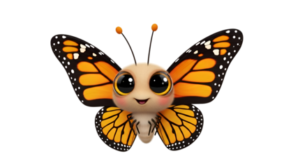 Cute cartoon monarch butterfly with big eyes, isolated on transparent background