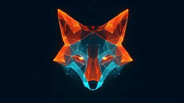 Cyber fox logo in low-poly geometric style with glowing orange. Concept: intelligence, speed, agility, and advanced technology, AI startups, tech companies, gaming brands, digital creative agencies.