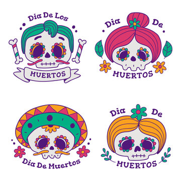 Hand drawn Dia De Muertos Badge Collection
