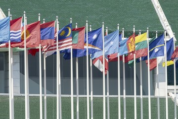 Many flags in front of the United Nations Conference Centre, Bangkok, Thailand