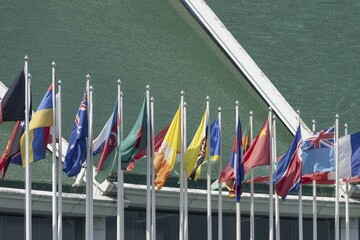Many flags in front of the United Nations Conference Centre, Bangkok, Thailand