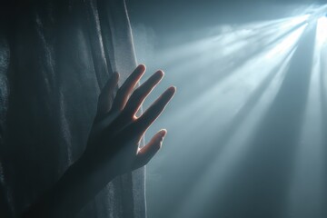 Hand reaching for powerful light through a hazy atmosphere, symbolizing hope and new beginnings.