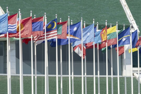 Many flags in front of the United Nations Conference Centre, Bangkok, Thailand