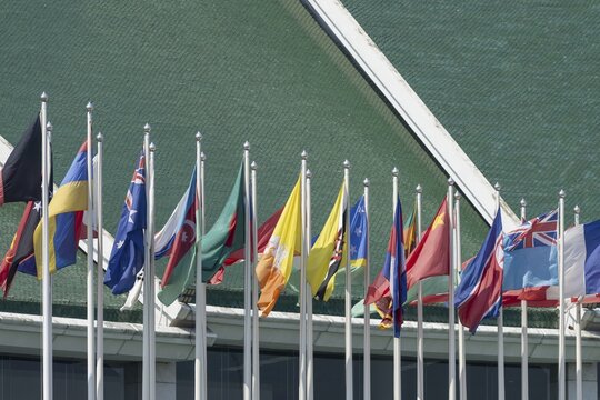Many flags in front of the United Nations Conference Centre, Bangkok, Thailand