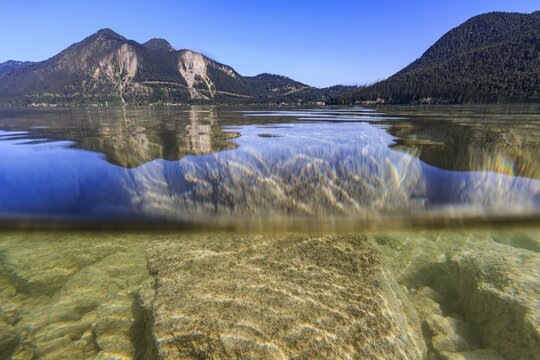 Underwater shot, rocks, lake, clear, mountains, sunny, Walchensee, Bavaria, Germany