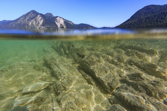 Underwater shot, rocks, lake, clear, mountains, sunny, Walchensee, Bavaria, Germany