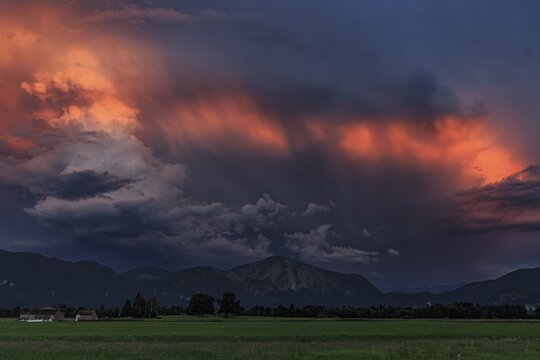Thunderclouds in the evening light, Loisach-Lake Kochel moor, view of Kochler mountains, Alpine foothills, Bavaria, Germany