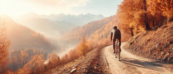 Person riding a bicycle on a winding dirt road through an autumn forest with misty mountains in the distance during golden hour sunlight.