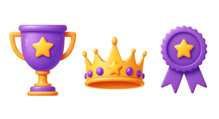Purple trophy, golden crown, and purple ribbon award, isolated on transparent background