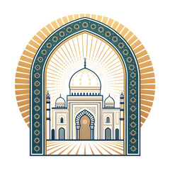 Islamic arch with glowing outline in sticker style, symbolizing tradition, culture, and spirituality, isolated on a clean