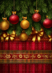 Red background with Christmas pine needles and colorful shiny baubles creating a festive, cozy, and joyful holiday decoration