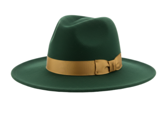 Isolated green wool felt floppy hat with a gold ribbon, fashion headwear accessory item