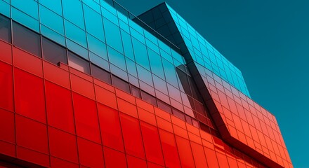 Modern glass building facade with contrasting red and blue lighting against a clear sky