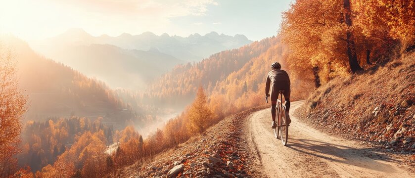 Person riding a bicycle on a winding dirt road through an autumn forest with misty mountains in the distance during golden hour sunlight.