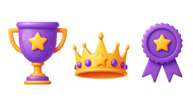 Purple trophy, golden crown, and purple ribbon award, isolated on transparent background